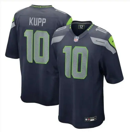 Dark blue Cooper Kupp Seattle Seahawks Nike game jersey with lime green KUPP and 10 numbers