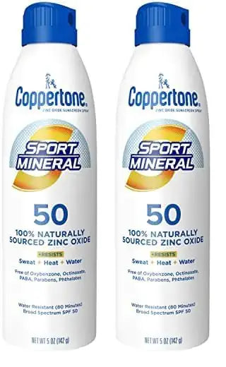Two bottles of Coppertone Sport Mineral Sunscreen with SPF 50 Zinc Oxide for staying protected