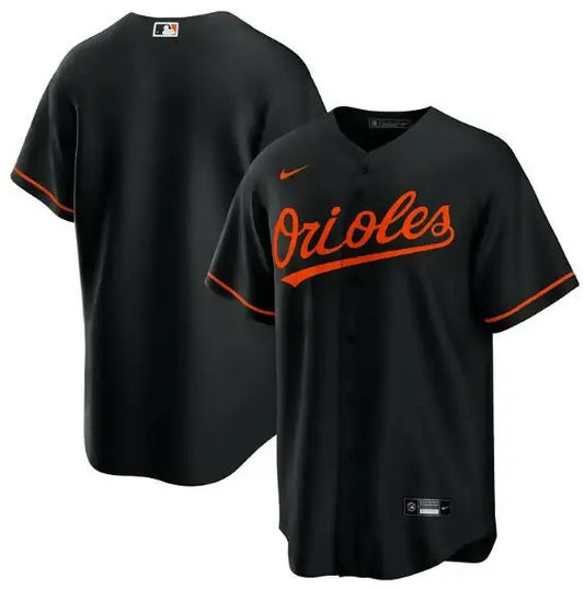 Black Orioles baseball jersey displayed in Baltimore Orioles Nike Road Replica Team Jersey product
