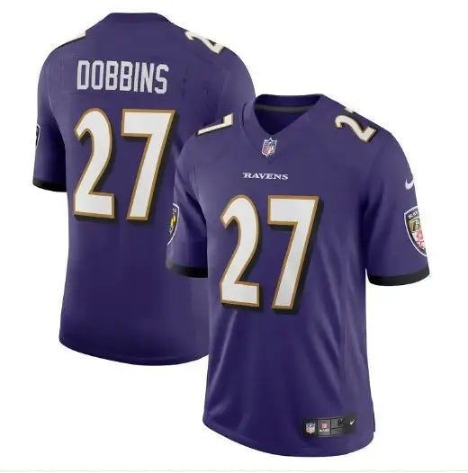 Purple Dobbins Ravens jersey with number 27 in Baltimore Ravens Nike Vapor Limited style