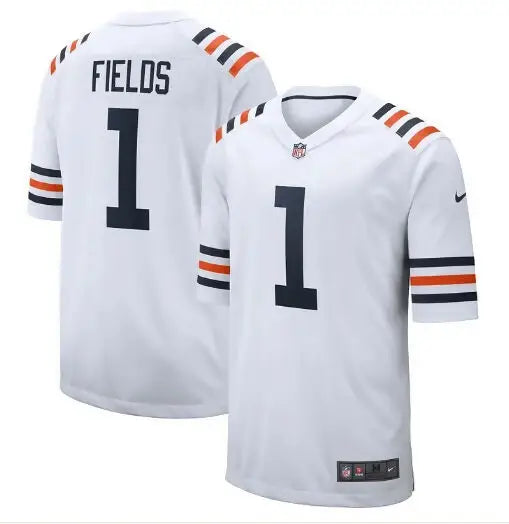 White football jerseys with orange and navy stripes from Justin Fields Chicago Bears Nike jersey