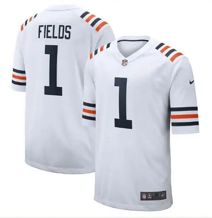 White football jerseys with orange and navy stripes from Justin Fields Chicago Bears Nike jersey