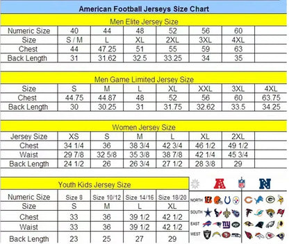 Size chart for American football jerseys for men women and youth displayed with Justin Fields Chicago Bears Nike jersey
