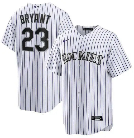 White pinstripe baseball jersey from the Kris Bryant Colorado Rockies Nike Alternate Replica collection