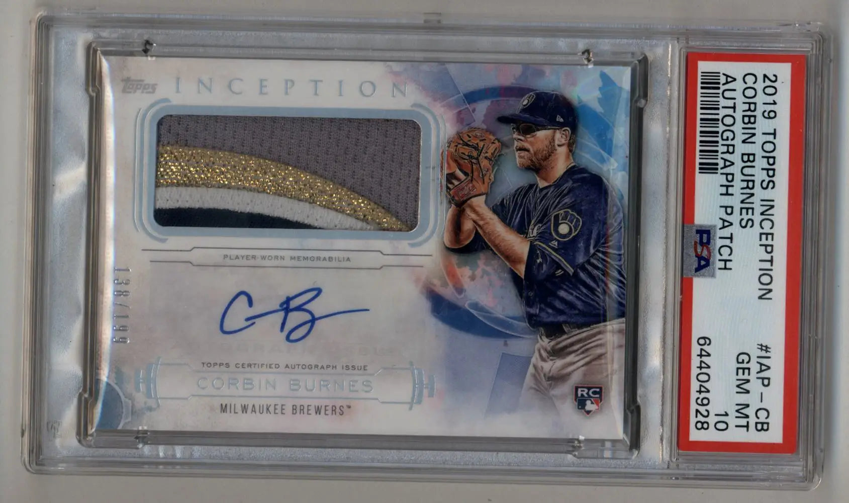 Corbin Burnes 2019 Topps Inception Patch Auto baseball card PSA 10 Gem Mint