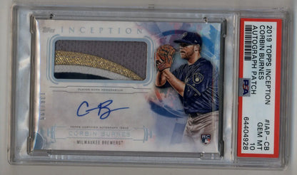 Corbin Burnes 2019 Topps Inception Patch Auto baseball card PSA 10 Gem Mint