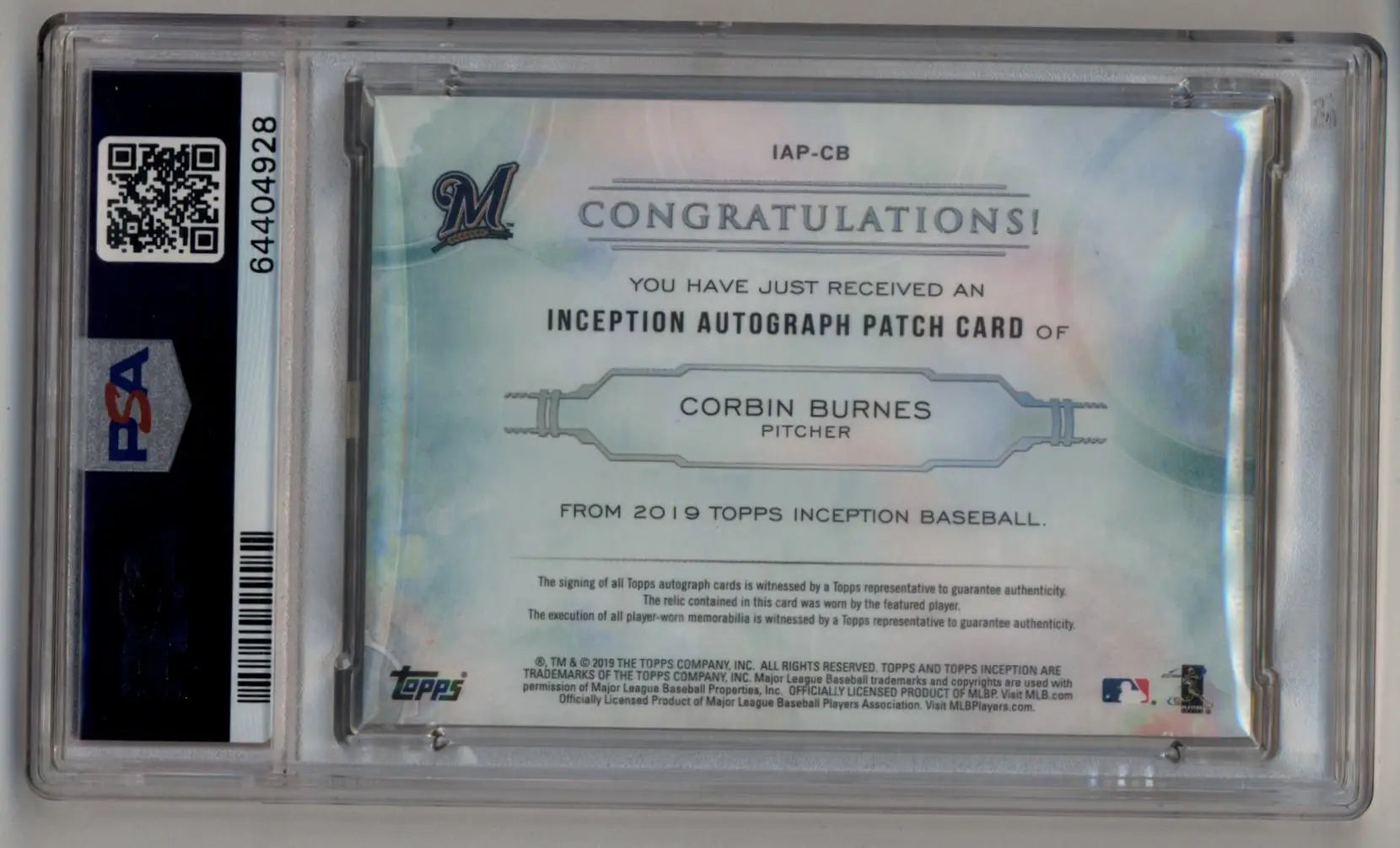 Encased Corbin Burnes Topps Inception Patch Auto baseball card with autograph and patch