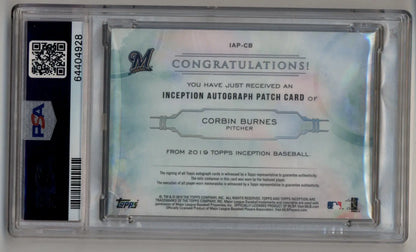 Encased Corbin Burnes Topps Inception Patch Auto baseball card with autograph and patch