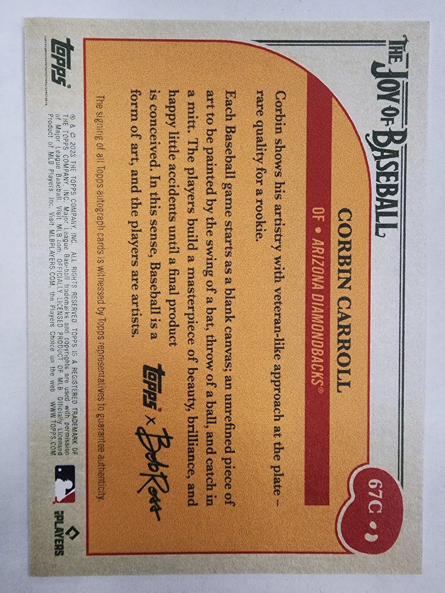 Baseball trading card back of Corbin Carroll 2023 Bob Ross Green Auto #54/75