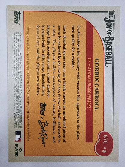 Baseball trading card back of Corbin Carroll 2023 Bob Ross Green Auto #54/75