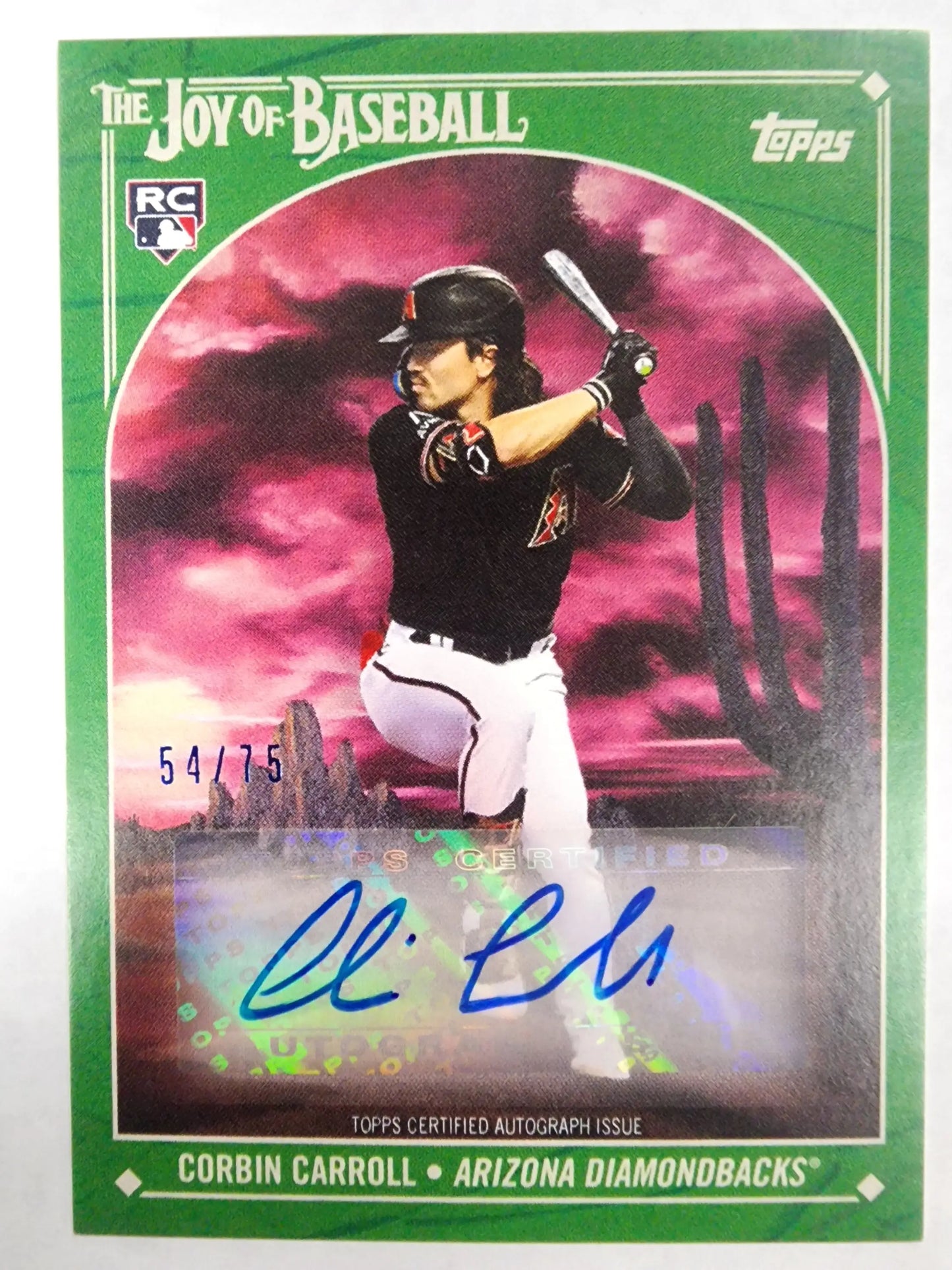 Signed Corbin Carroll Bob Ross Green Auto baseball card with pink sky effect