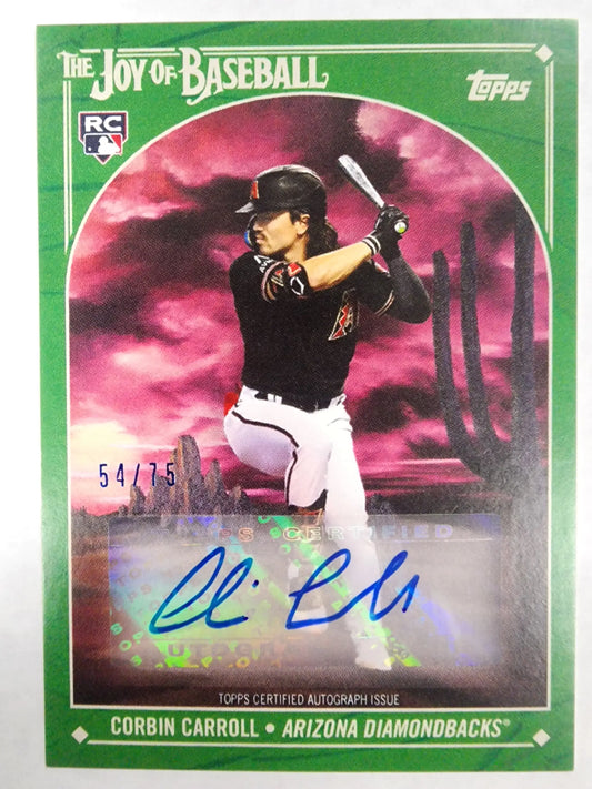 Signed Corbin Carroll Bob Ross Green Auto baseball card with pink sky effect