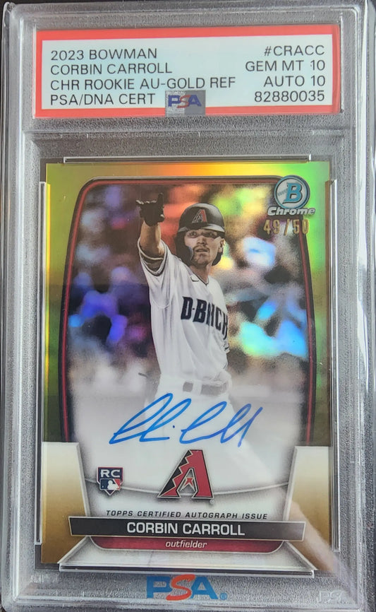 Graded Corbin Carroll autographed Bowman Chrome Gold Refractor baseball card PSA 10