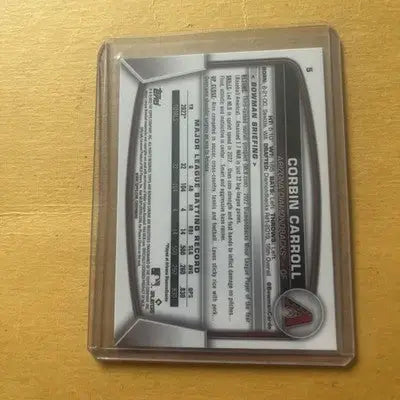 Corbin Carroll 2023 Bowman Chrome Sapphire rookie trading card in protective sleeve