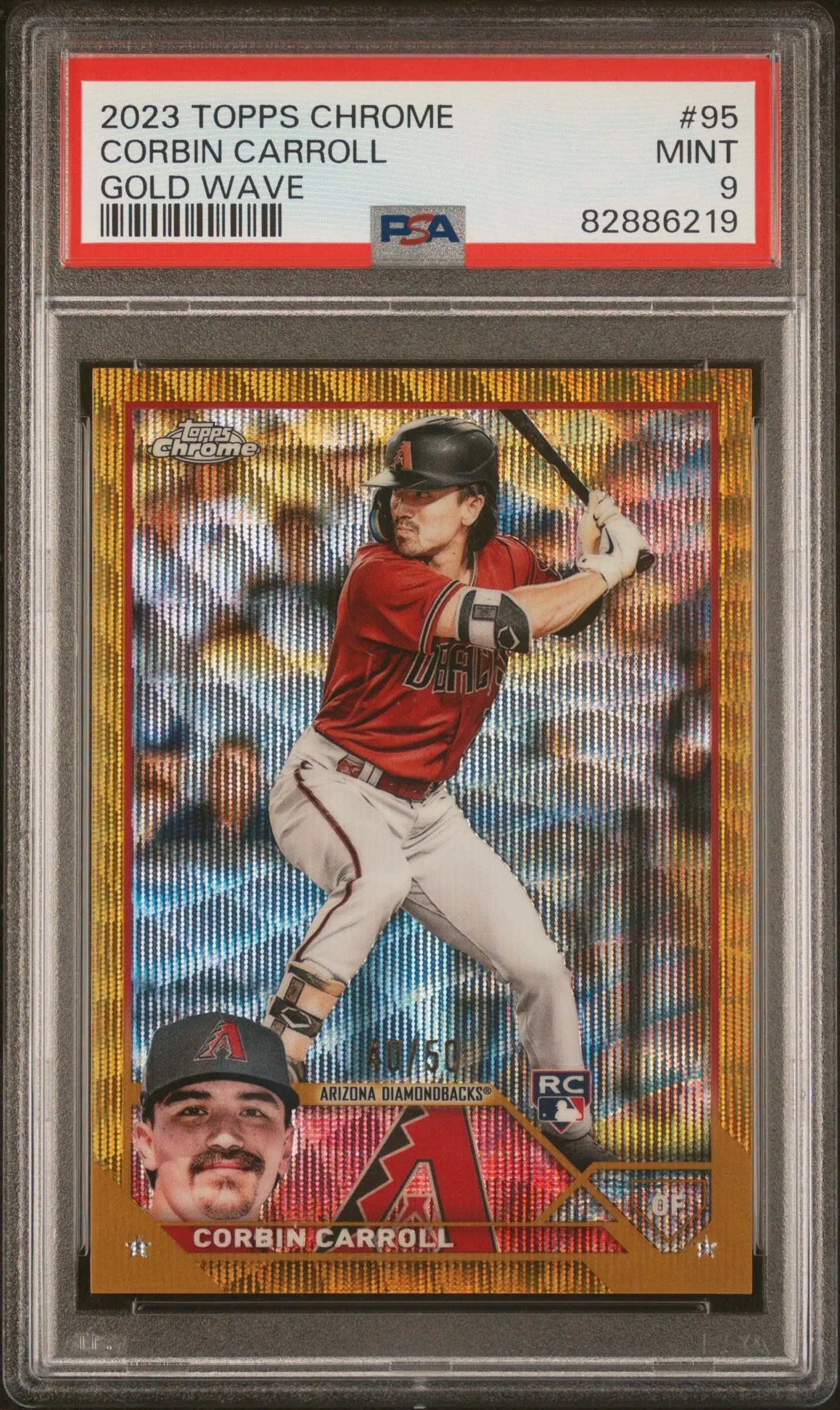 PSA-graded Corbin Carroll 2023 Topps Chrome Golve Wave Refractor #40/50 in batting stance