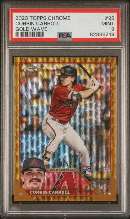 PSA-graded Corbin Carroll 2023 Topps Chrome Golve Wave Refractor #40/50 in batting stance