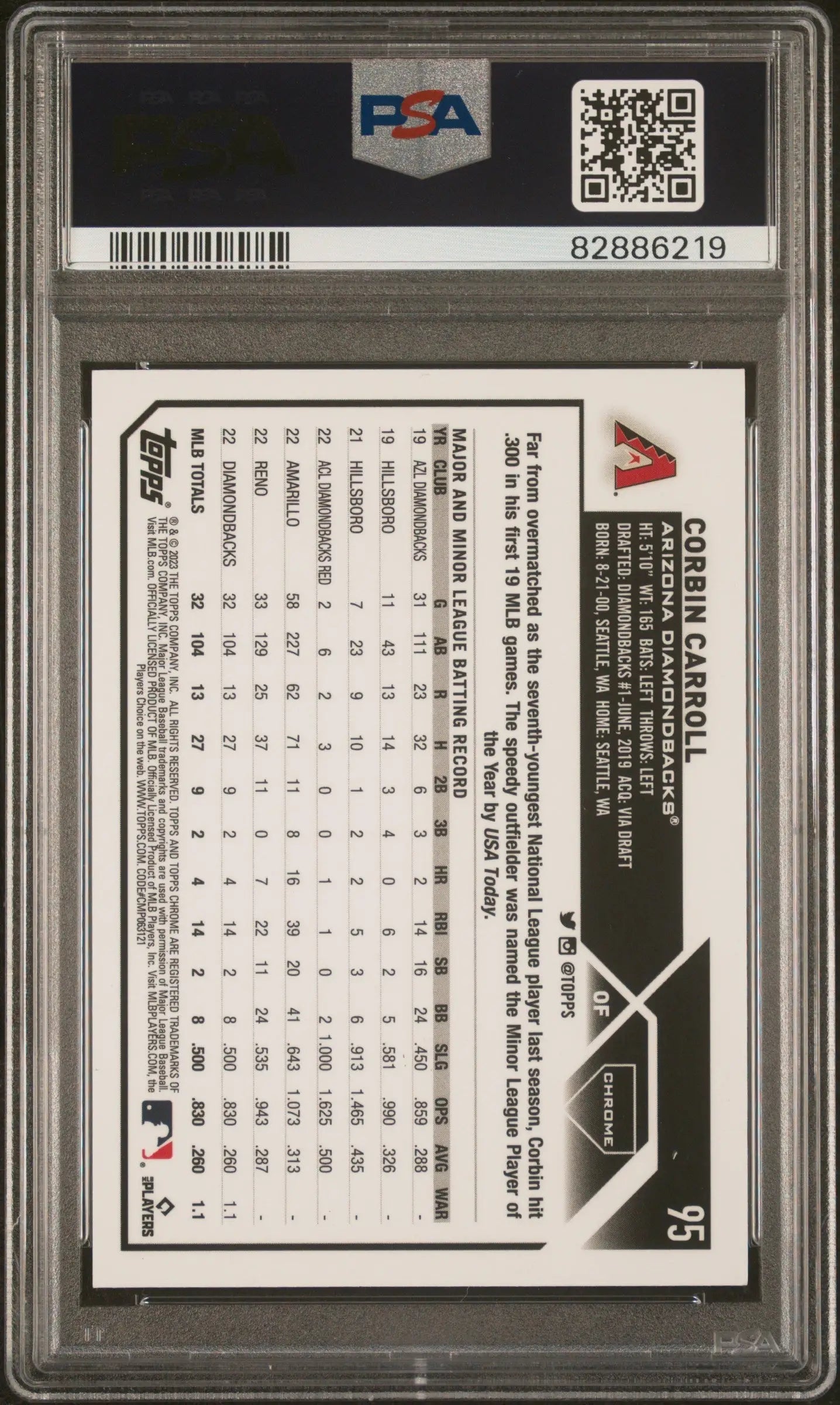 Back of Corbin Carroll 2023 Topps Chrome Golve Wave Refractor stats in PSA 9 case