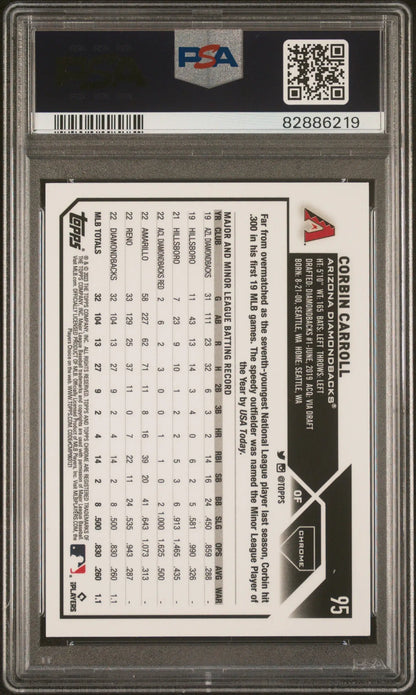 Back of Corbin Carroll 2023 Topps Chrome Golve Wave Refractor stats in PSA 9 case