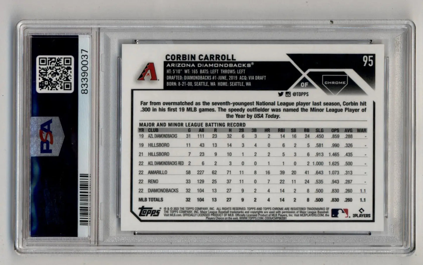 Corbin Carroll Topps Chrome Logofractor Edition PSA graded trading card in slab