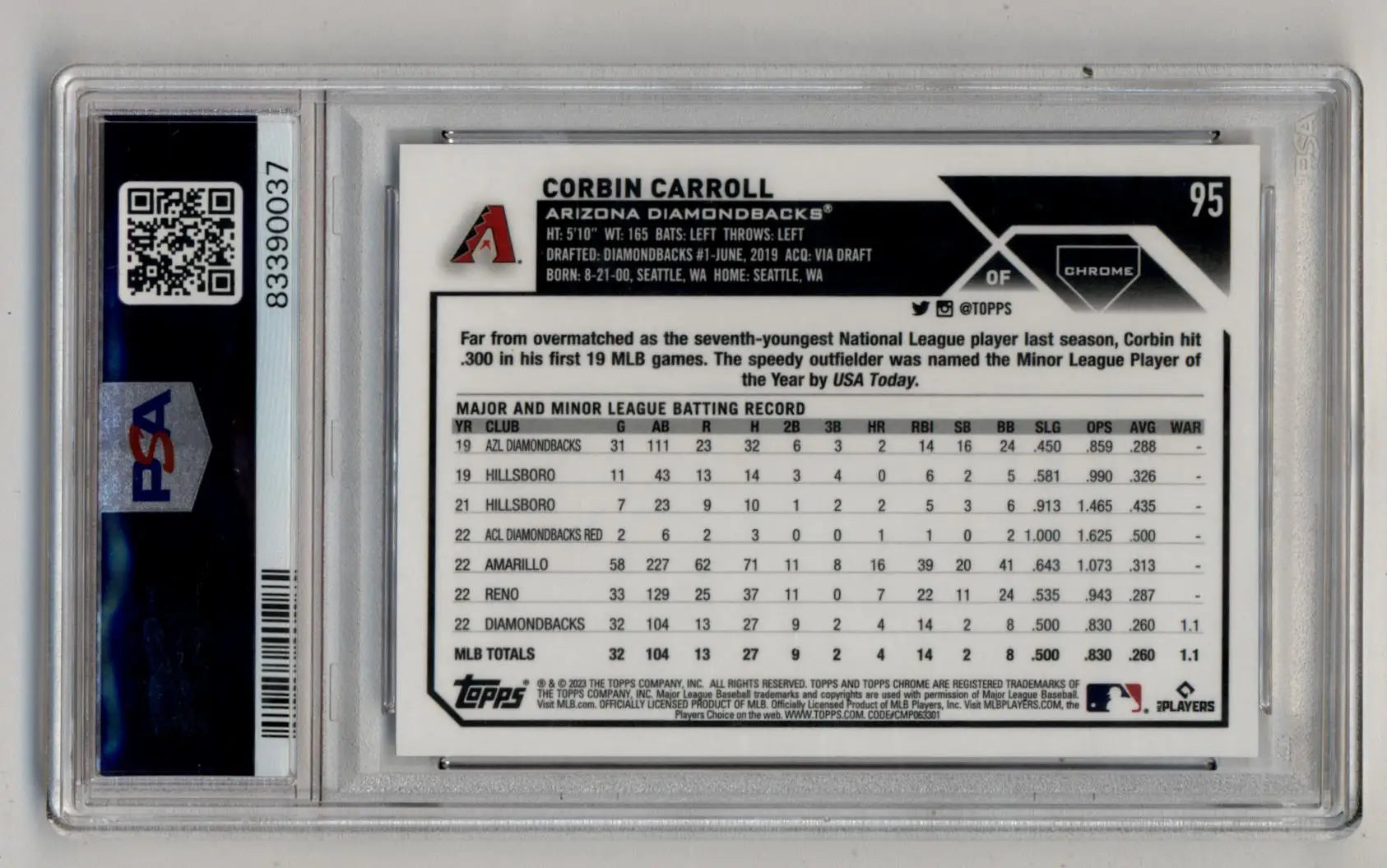 Corbin Carroll Topps Chrome Logofractor Edition PSA graded trading card in slab