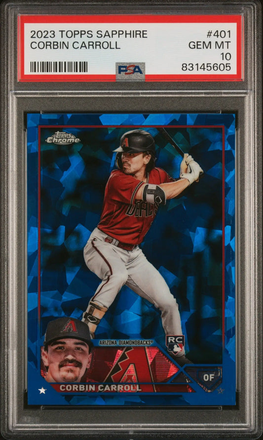 PSA-graded Corbin Carroll 2023 Topps Chrome Sapphire baseball card in batting stance