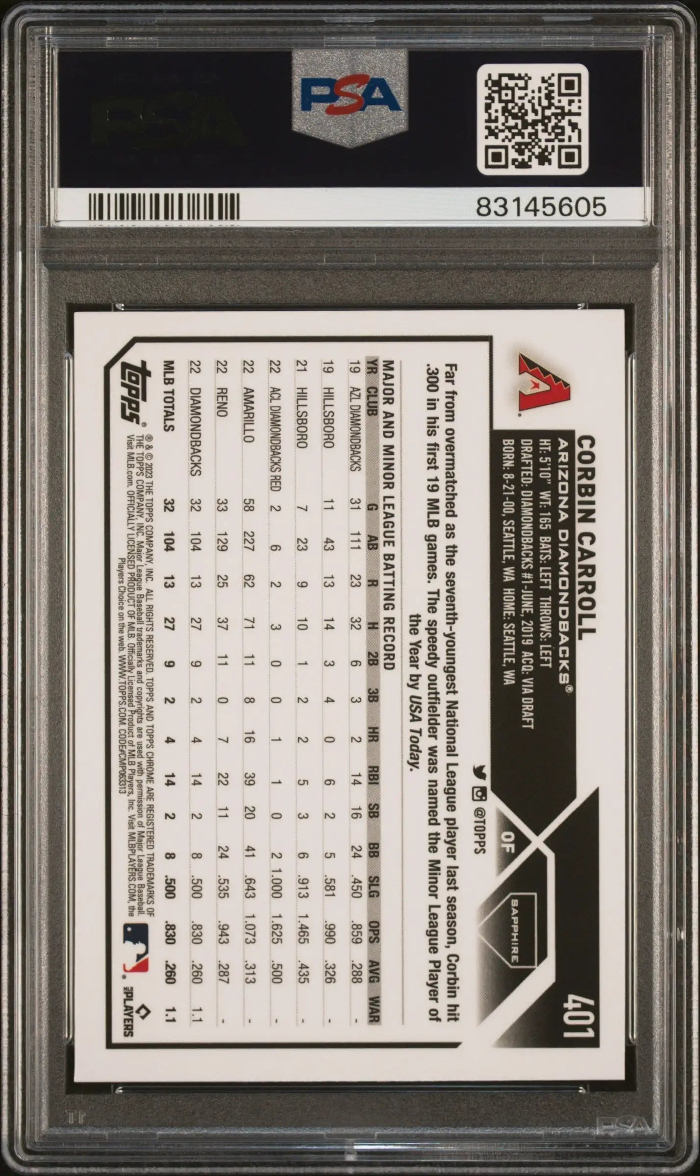 Corbin Carroll 2023 Topps Chrome Sapphire #401 in a PSA 10 protective case