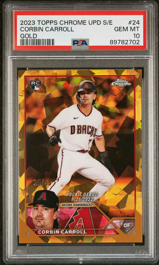 PSA 10 Gem Mint Corbin Carroll 2023 Topps Chrome Sapphire Update Gold rookie card