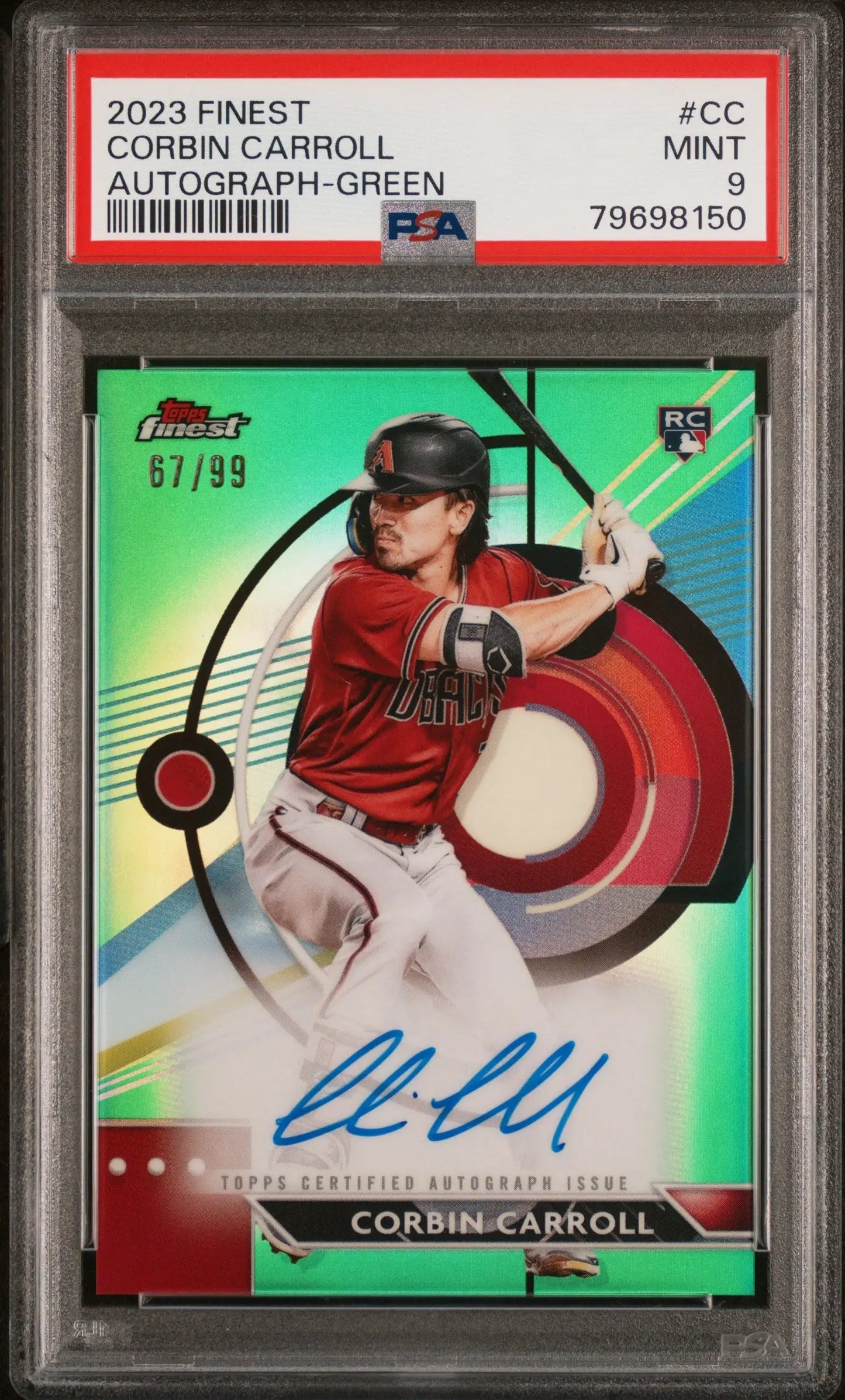 PSA-graded Corbin Carroll 2023 Topps Finest Green Refractor Auto with jersey patch