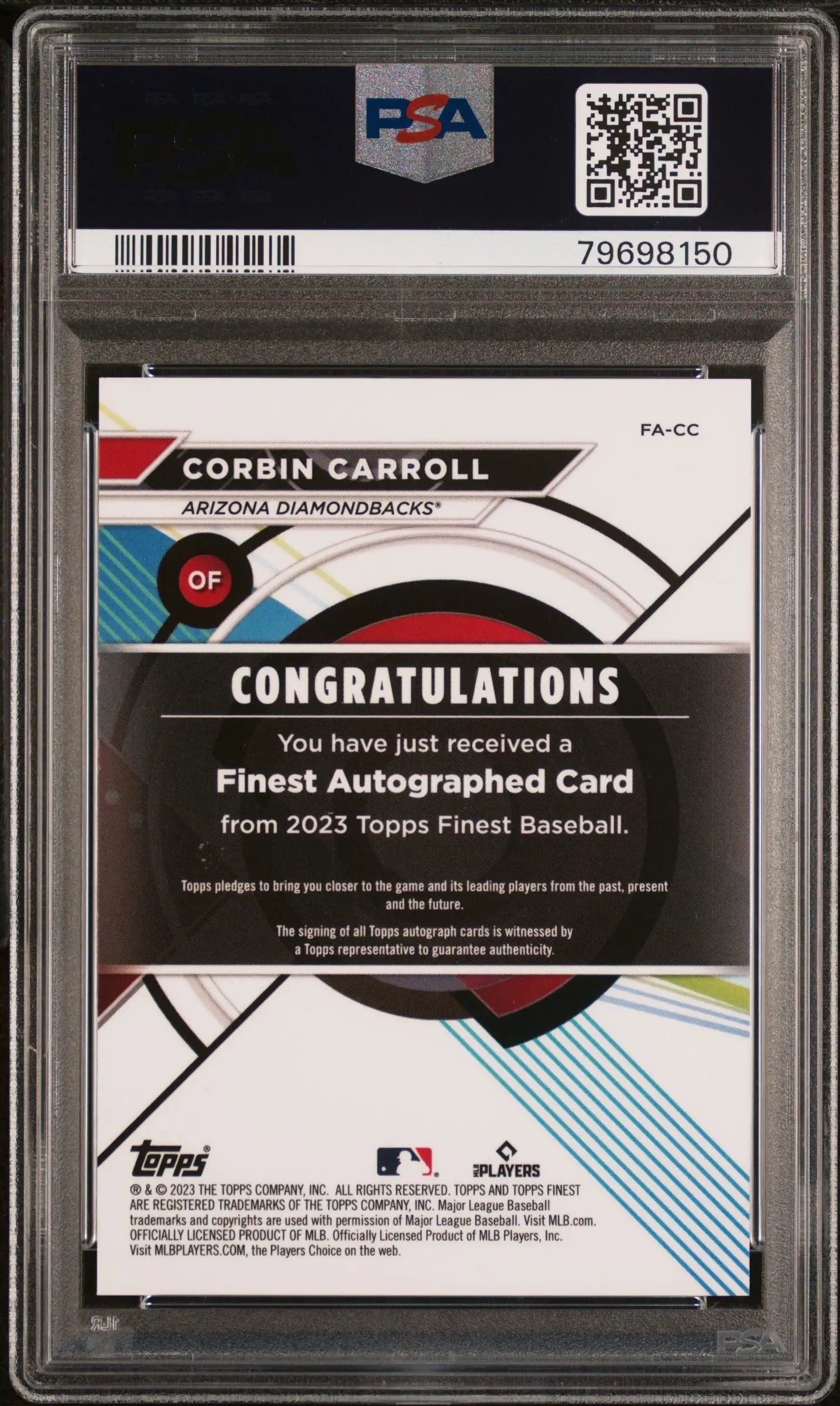 PSA-graded Corbin Carroll 2023 Topps Finest Green Refractor Auto card back with congratulatory text