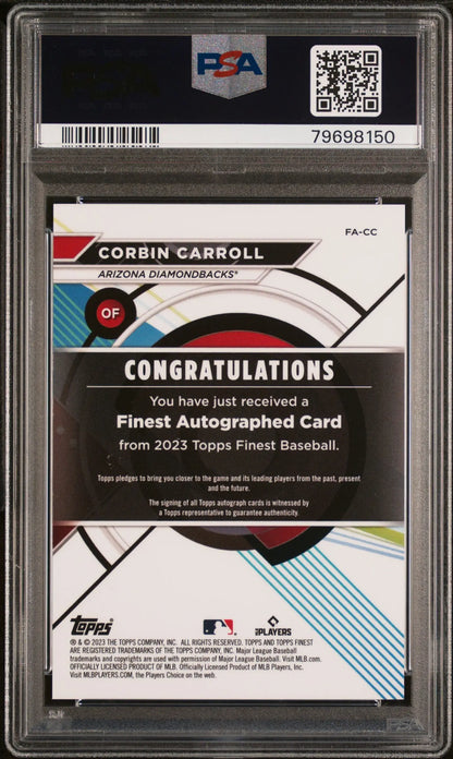 PSA-graded Corbin Carroll 2023 Topps Finest Green Refractor Auto card back with congratulatory text