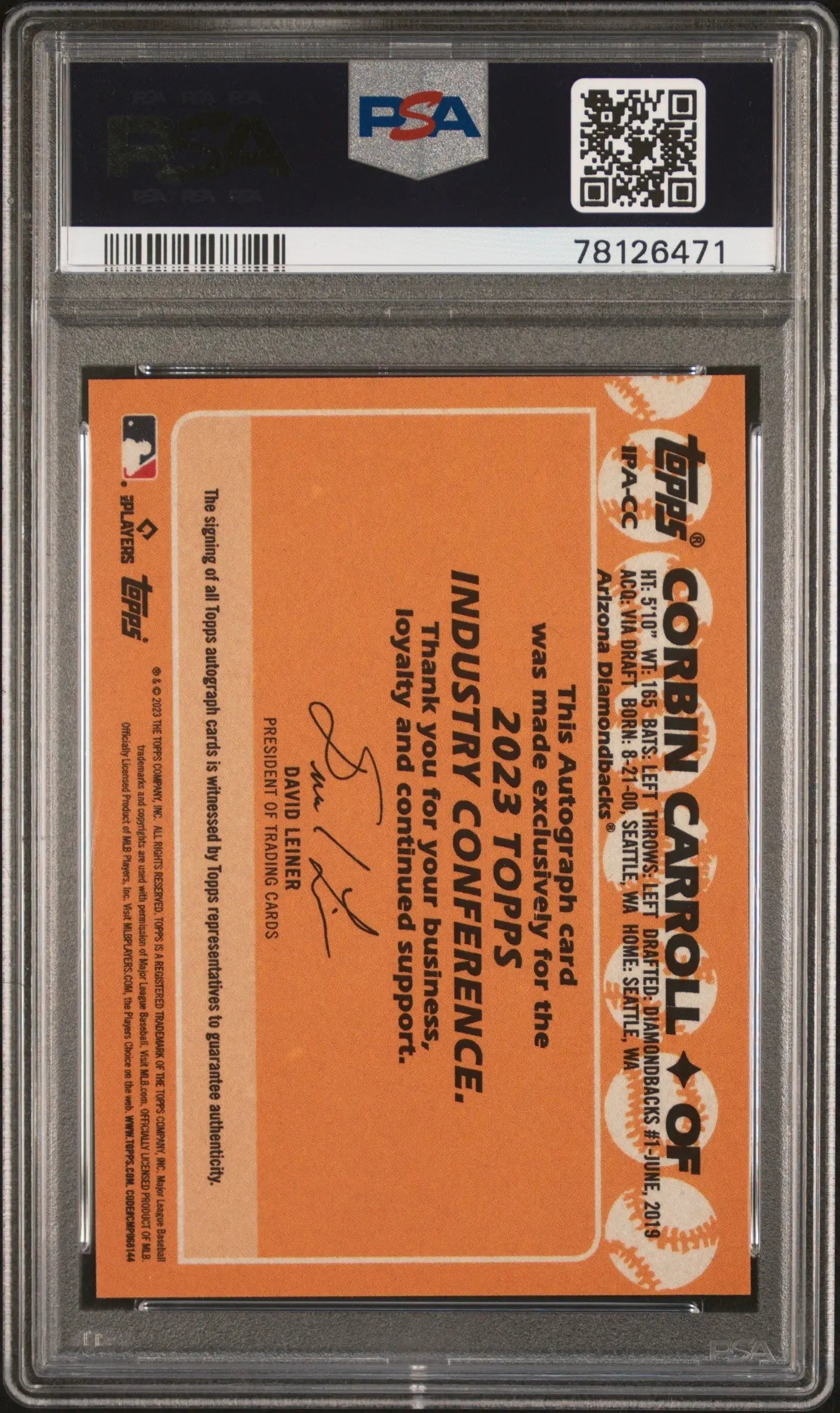 Corbin Carroll 2023 Topps Industry Conference Auto PSA 10 Gem Mint trading card