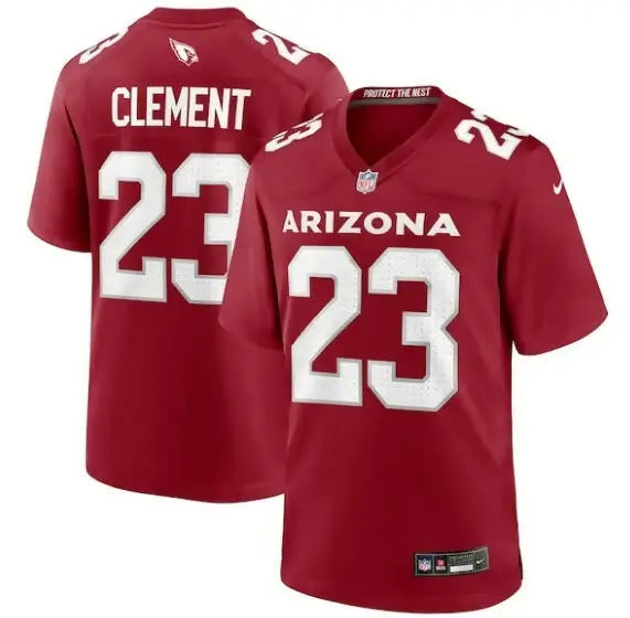 Two red Arizona Cardinals Nike Corey Clement team game jerseys displayed for sale
