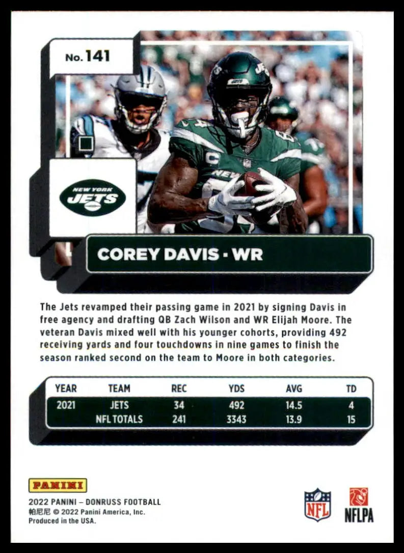 Corey Davis 2022 Donruss football card featuring New York Jets player in mint condition