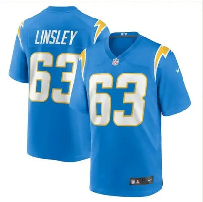Light blue Corey Linsley Los Angeles Chargers Nike game jersey with LINSLEY 63 in white gold
