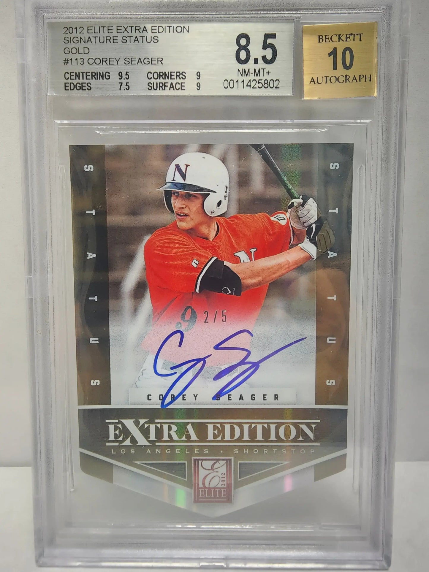 Graded BGS 8.5 Corey Seager Elite Extra Edition Gold Auto baseball card with signature