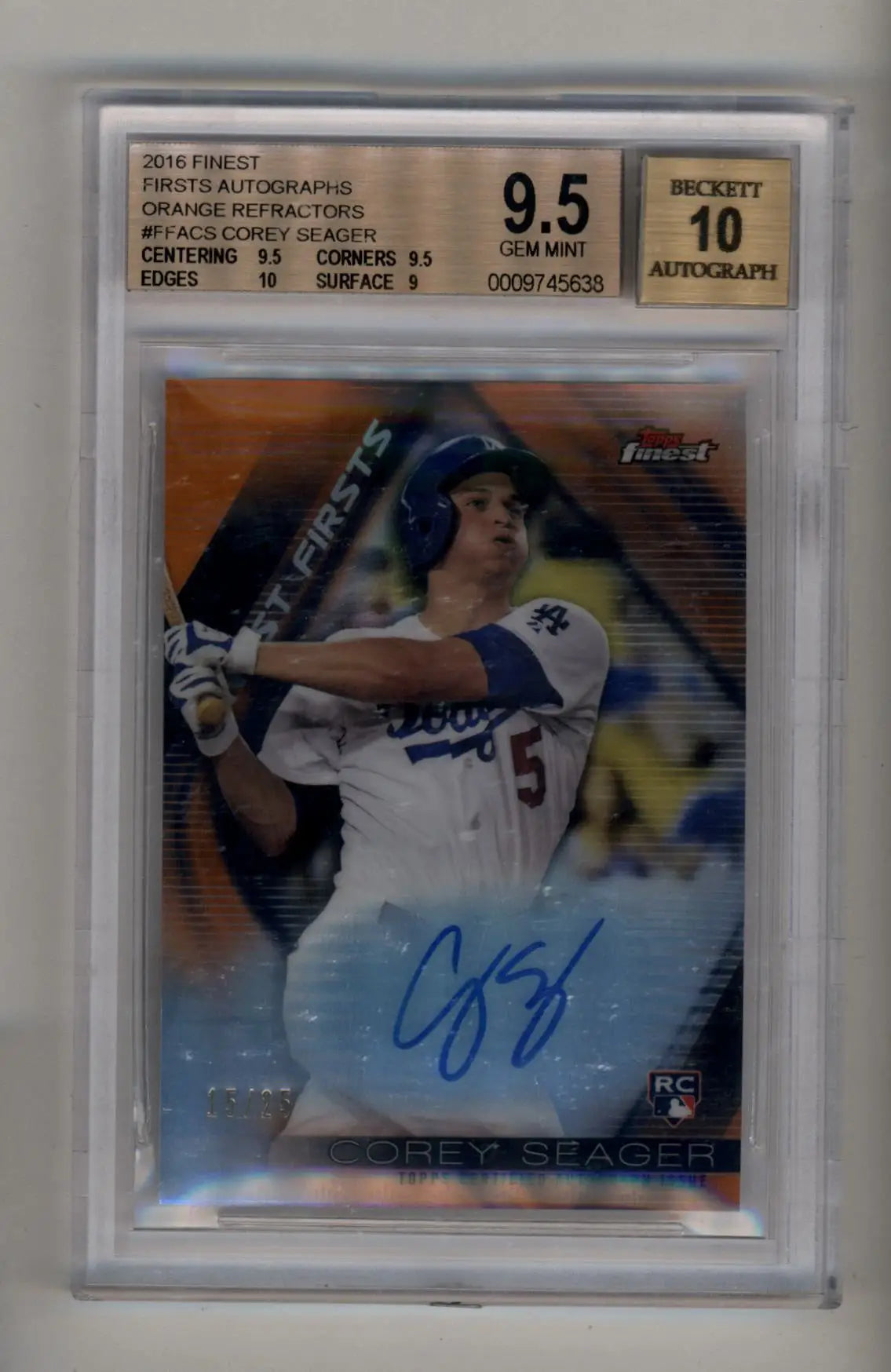 Autographed Corey Seager auto orange refractor baseball card in prime condition