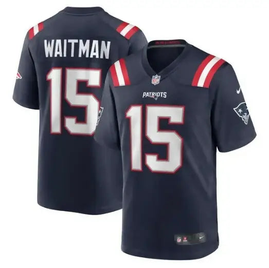 Dark blue New England Patriots Nike game jersey with number 15 and Waitman name