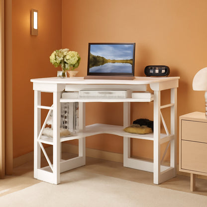 Corner Computer Desk with Keyboard Tray and Storage Shelves-0