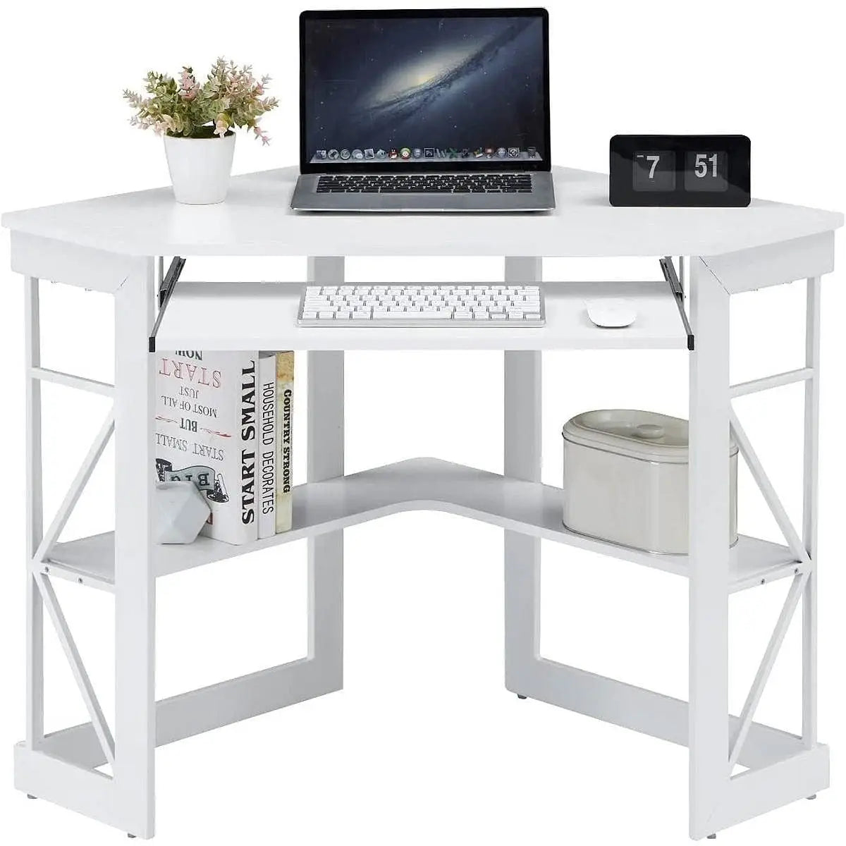 Corner Computer Desk with Keyboard Tray Storage Shelves in White - Computer Desks