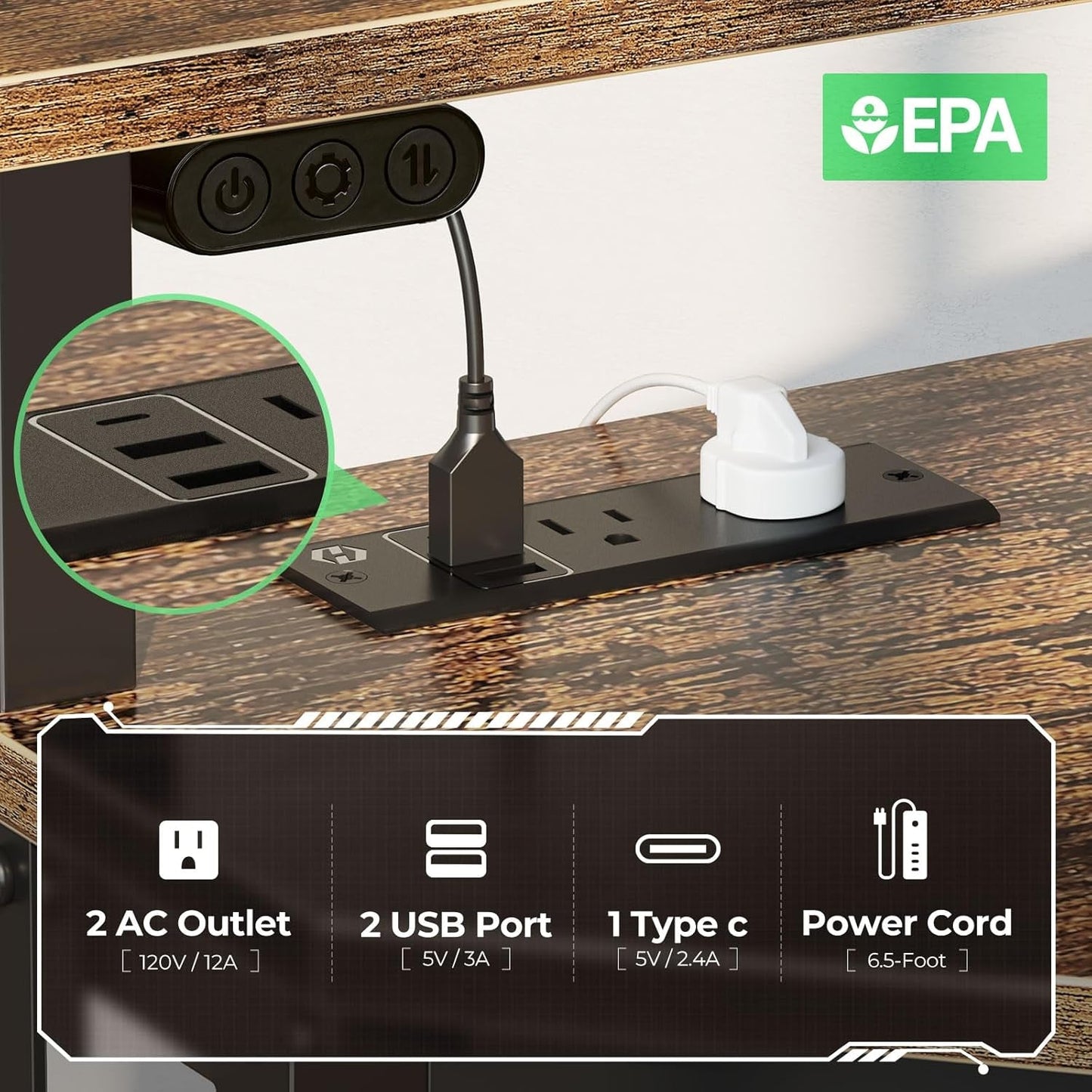 Corner Desk, 44.5" W X 34.5" H Small Computer Desk with Power Outlets, Gaming Desk with LED Lights, Triangle Corner Desk with Keyboard Tray & Monitor Stand for Small Space, Rustic Brown-3