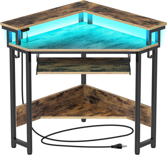 Corner Desk, 44.5" W X 34.5" H Small Computer Desk with Power Outlets, Gaming Desk with LED Lights, Triangle Corner Desk with Keyboard Tray & Monitor Stand for Small Space, Rustic Brown-0