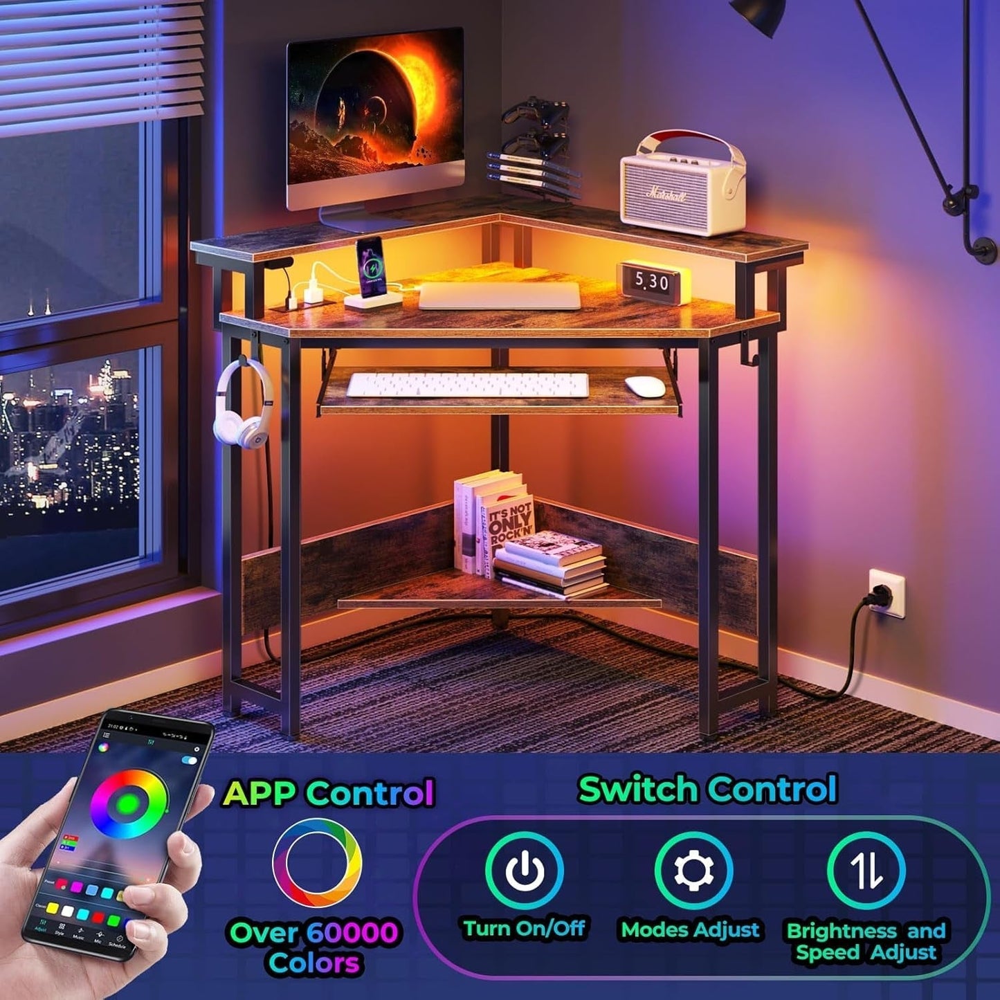 Corner Desk, 44.5" W X 34.5" H Small Computer Desk with Power Outlets, Gaming Desk with LED Lights, Triangle Corner Desk with Keyboard Tray & Monitor Stand for Small Space, Rustic Brown-2