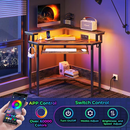 Corner Desk, 44.5" W X 34.5" H Small Computer Desk with Power Outlets, Gaming Desk with LED Lights, Triangle Corner Desk with Keyboard Tray & Monitor Stand for Small Space, Rustic Brown-2