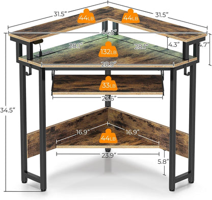 Corner Desk, 44.5" W X 34.5" H Small Computer Desk with Power Outlets, Gaming Desk with LED Lights, Triangle Corner Desk with Keyboard Tray & Monitor Stand for Small Space, Rustic Brown-1