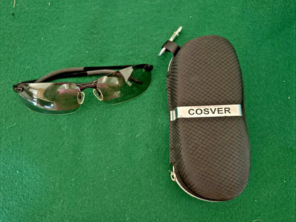 Black-framed rimless sunglasses with textured protective case for Men’s UV Sport Eyewear