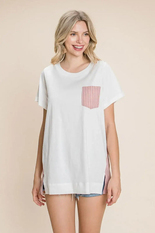 Cotton Bleu by Nu Label Contrast Striped Short Sleeve T-Shirt - Berry / S