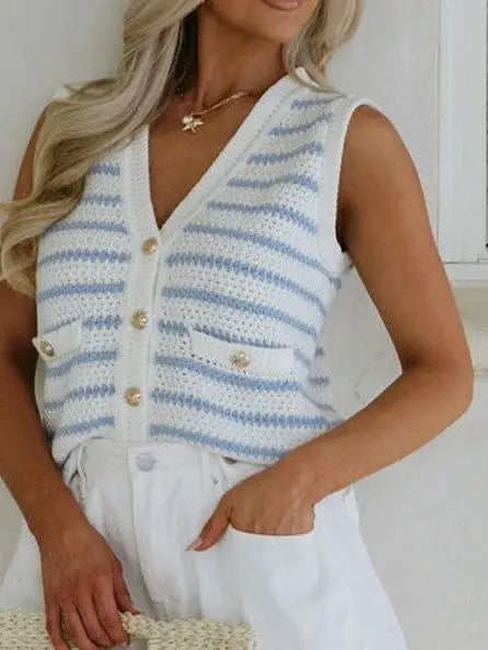 Women’s white and light blue striped knitted sleeveless cardigan with gold buttons for Cotton Blue Striped V-Neck Vest