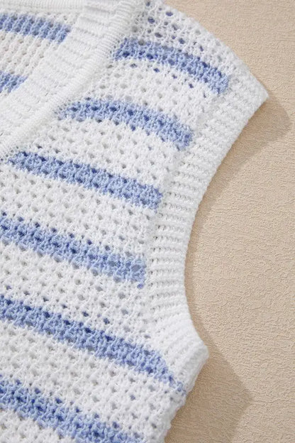 Crocheted white and light blue striped sleeveless top for Cotton Blue Striped V-Neck Vest