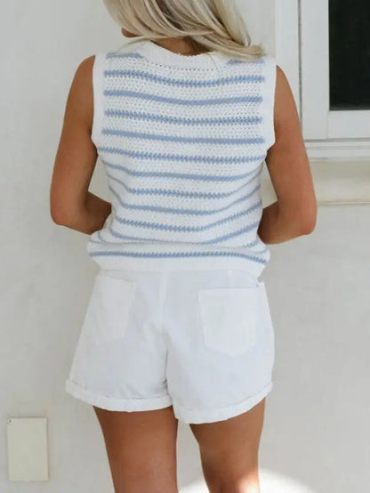 White and blue striped knit sleeveless top paired with white shorts, Cotton Blue Striped V-Neck Vest