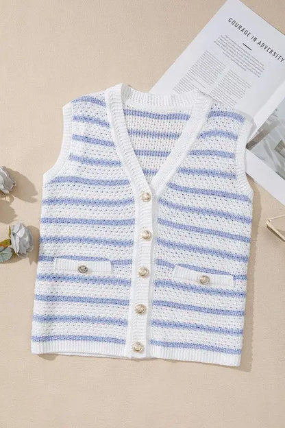 White and light blue striped knitted sleeveless cardigan with gold buttons and front pockets